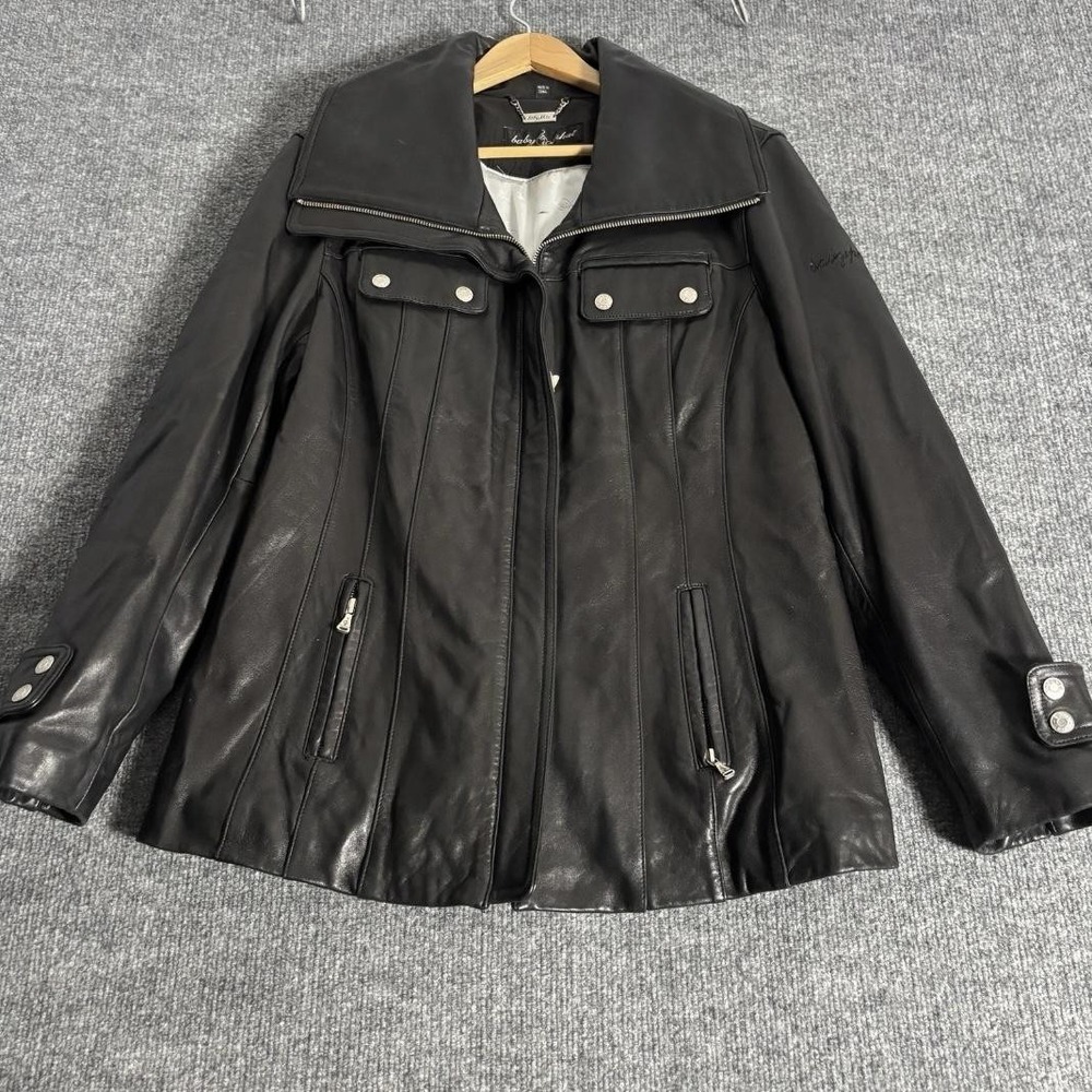 Baby Phat Leather Coat Womens Large Black Moto Jacket Lined Zip Pockets Collared